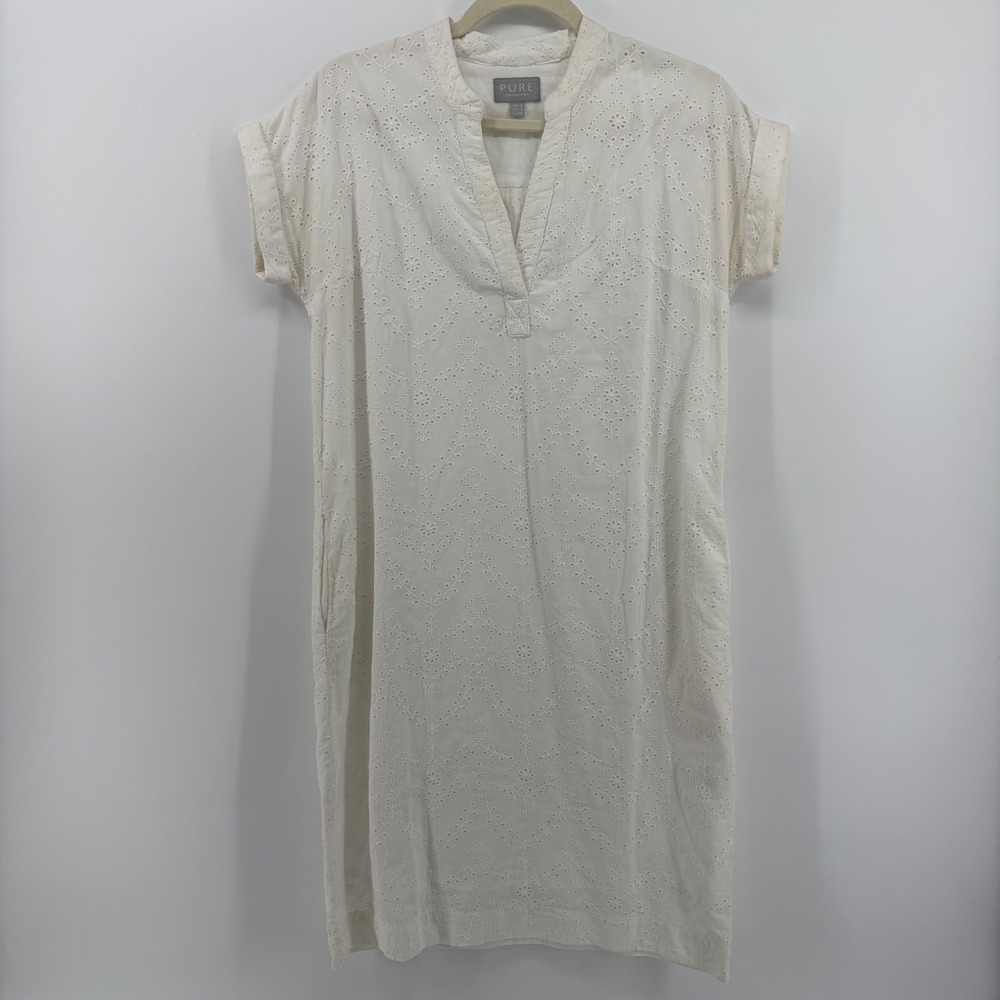 Pure Collection White Eyelet Cotton Shirt Dress Casual Button Neck Midi Size 2